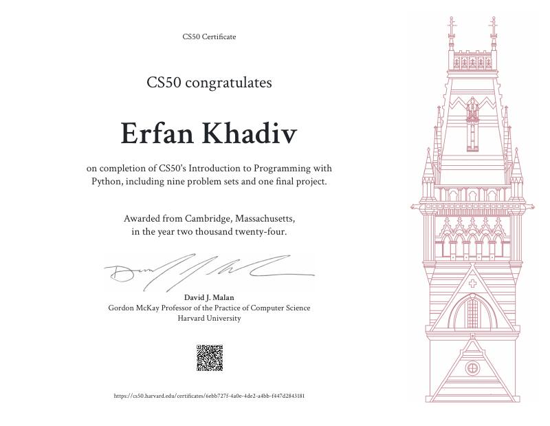 Certificate: CS50P Introduction to Programming with Python
