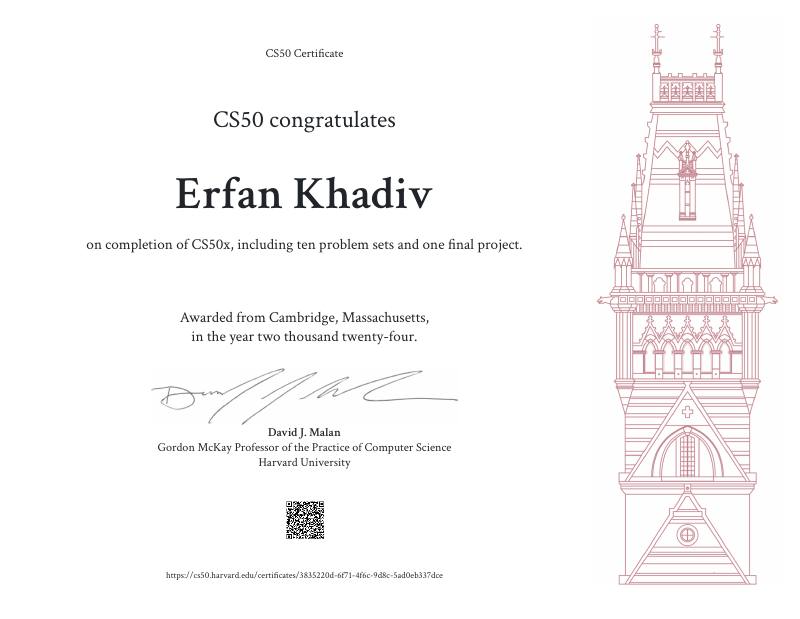 Certificate: CS50x Introduction to Computer Science