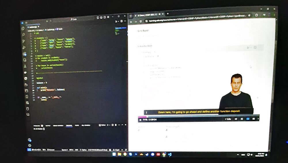 Monitor showing a code editor next to the CS50P lecture video