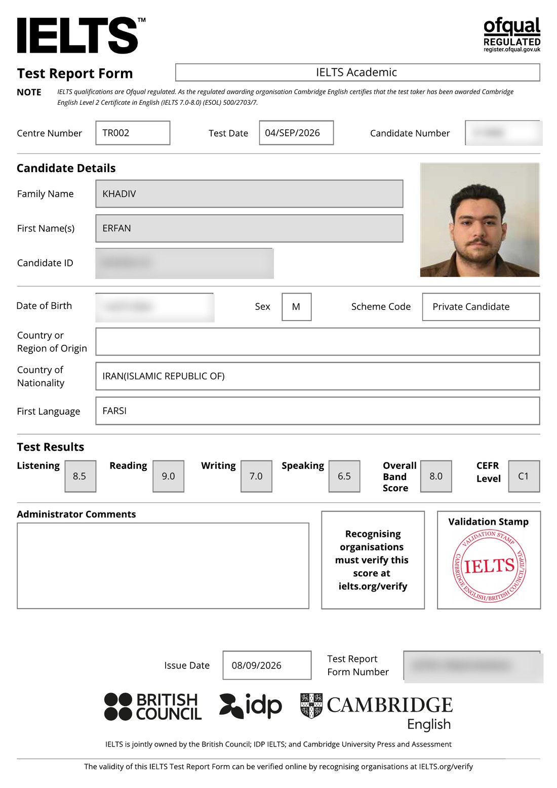 IELTS Academic Test Report Form with Erfan Khadiv's photo; candidate number, date of birth and form number are blurred